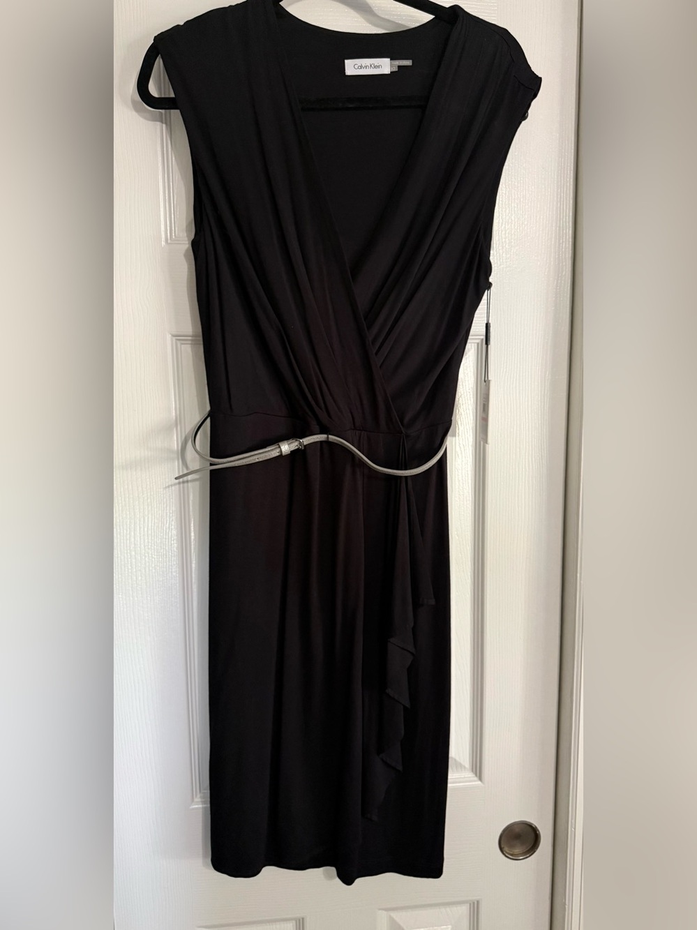 Calvin Klein Black Surplice V-Neck Dress with Silver Belt
